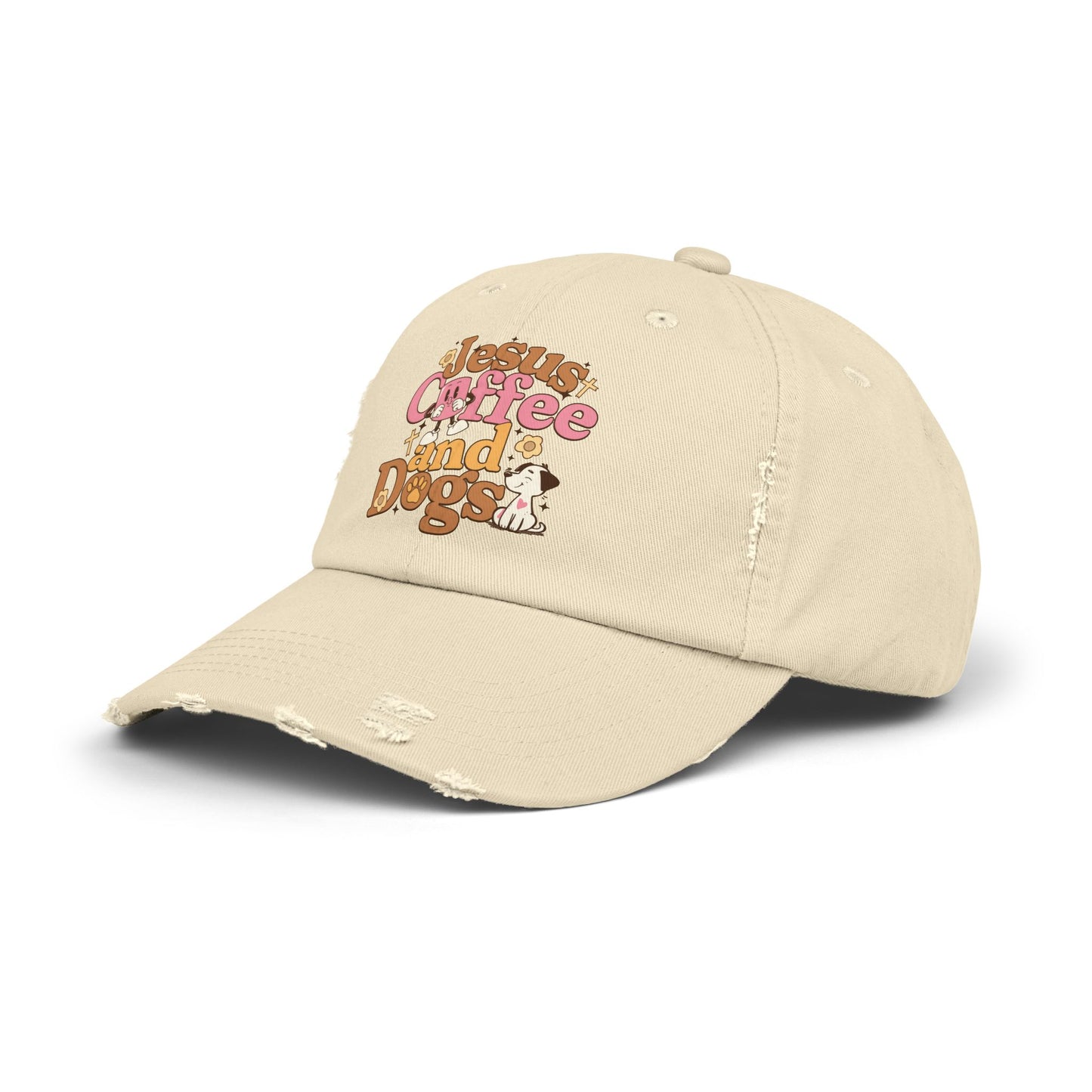 Jesus, Coffee, and Dogs Unisex Distressed Cap | Christian Accesories
