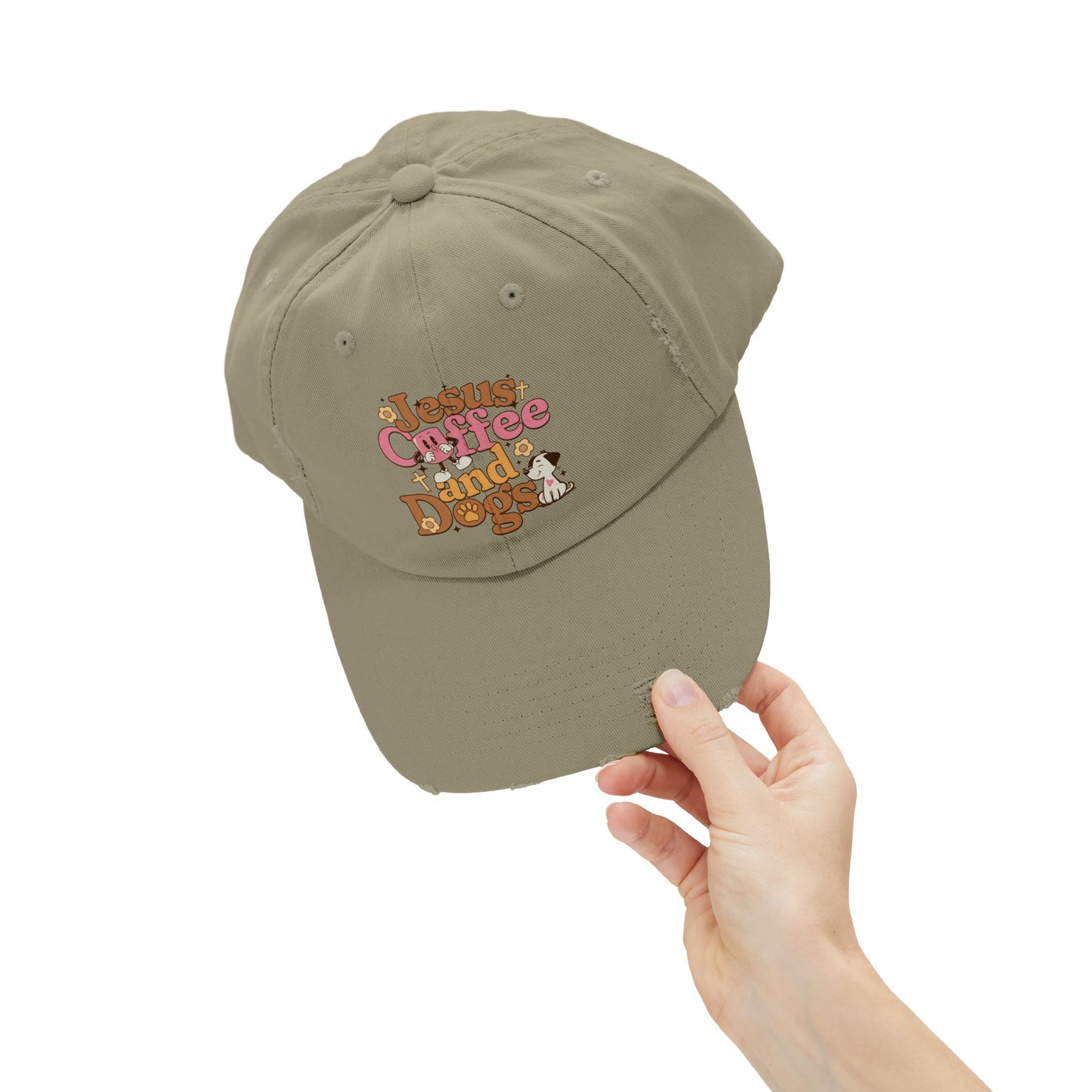 Jesus, Coffee, and Dogs Unisex Distressed Cap | Christian Accesories