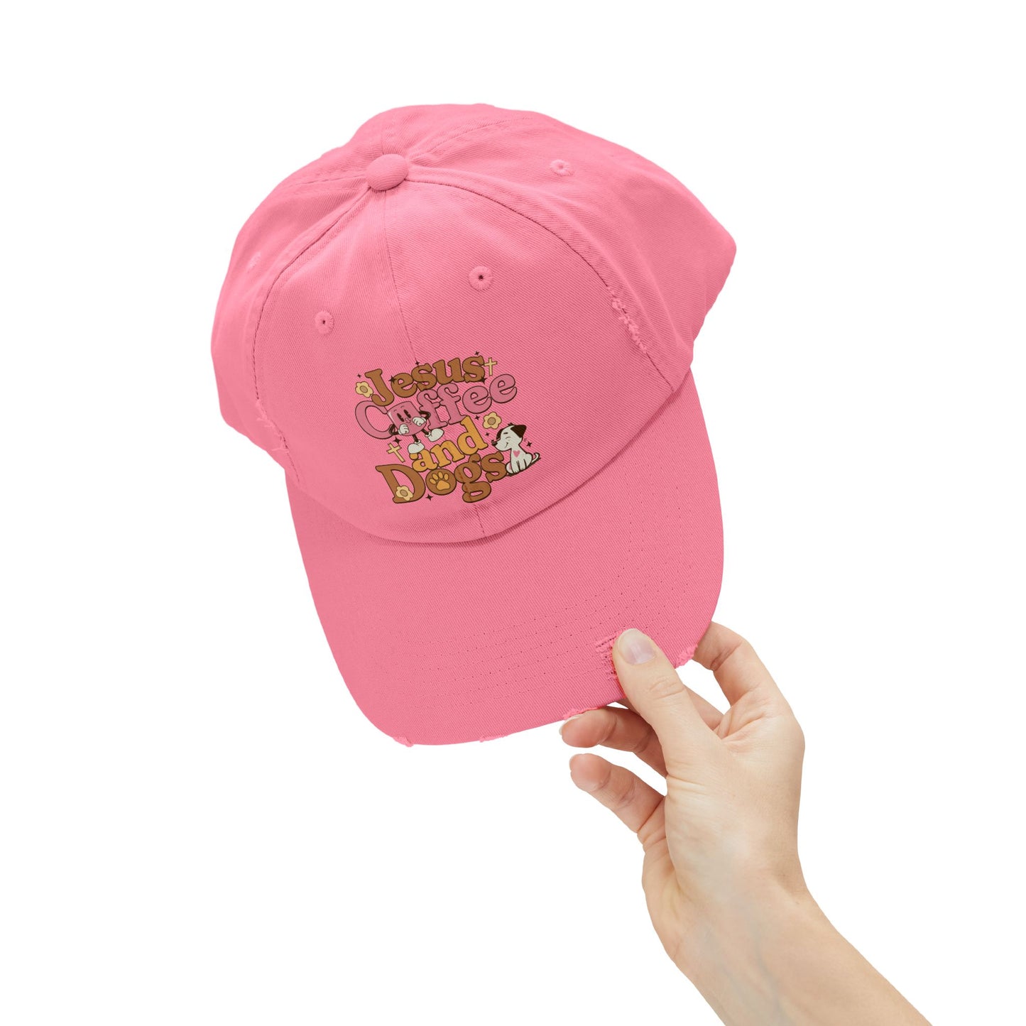 Jesus, Coffee, and Dogs Unisex Distressed Cap | Christian Accesories