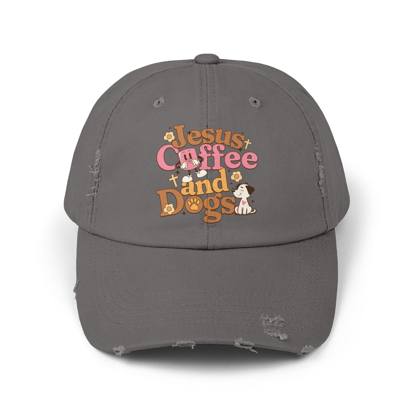 Jesus, Coffee, and Dogs Unisex Distressed Cap | Christian Accesories