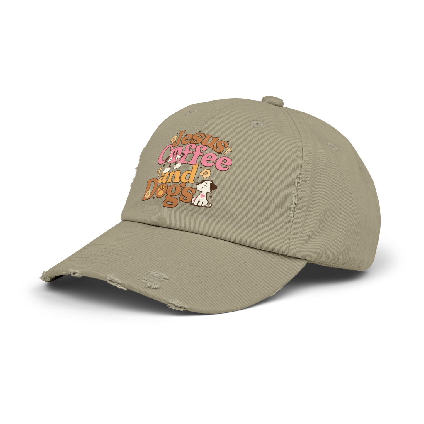 Jesus, Coffee, and Dogs Unisex Distressed Cap | Christian Accesories