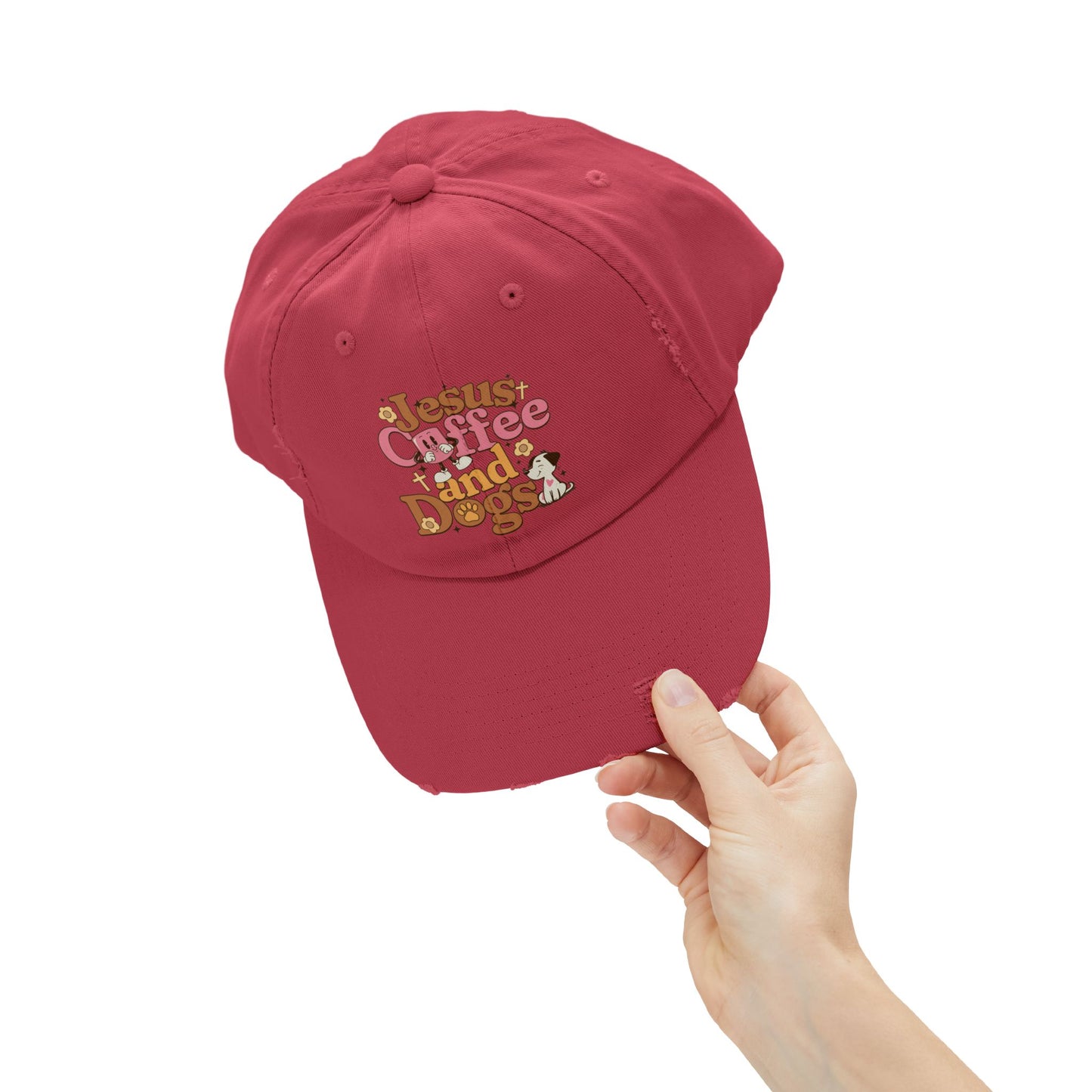 Jesus, Coffee, and Dogs Unisex Distressed Cap | Christian Accesories