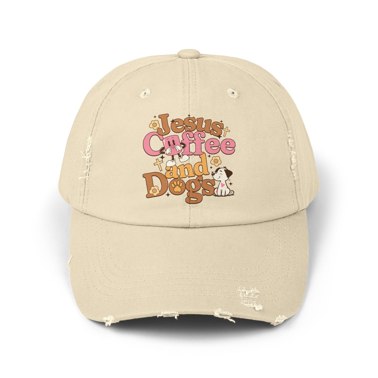 Jesus, Coffee, and Dogs Unisex Distressed Cap | Christian Accesories