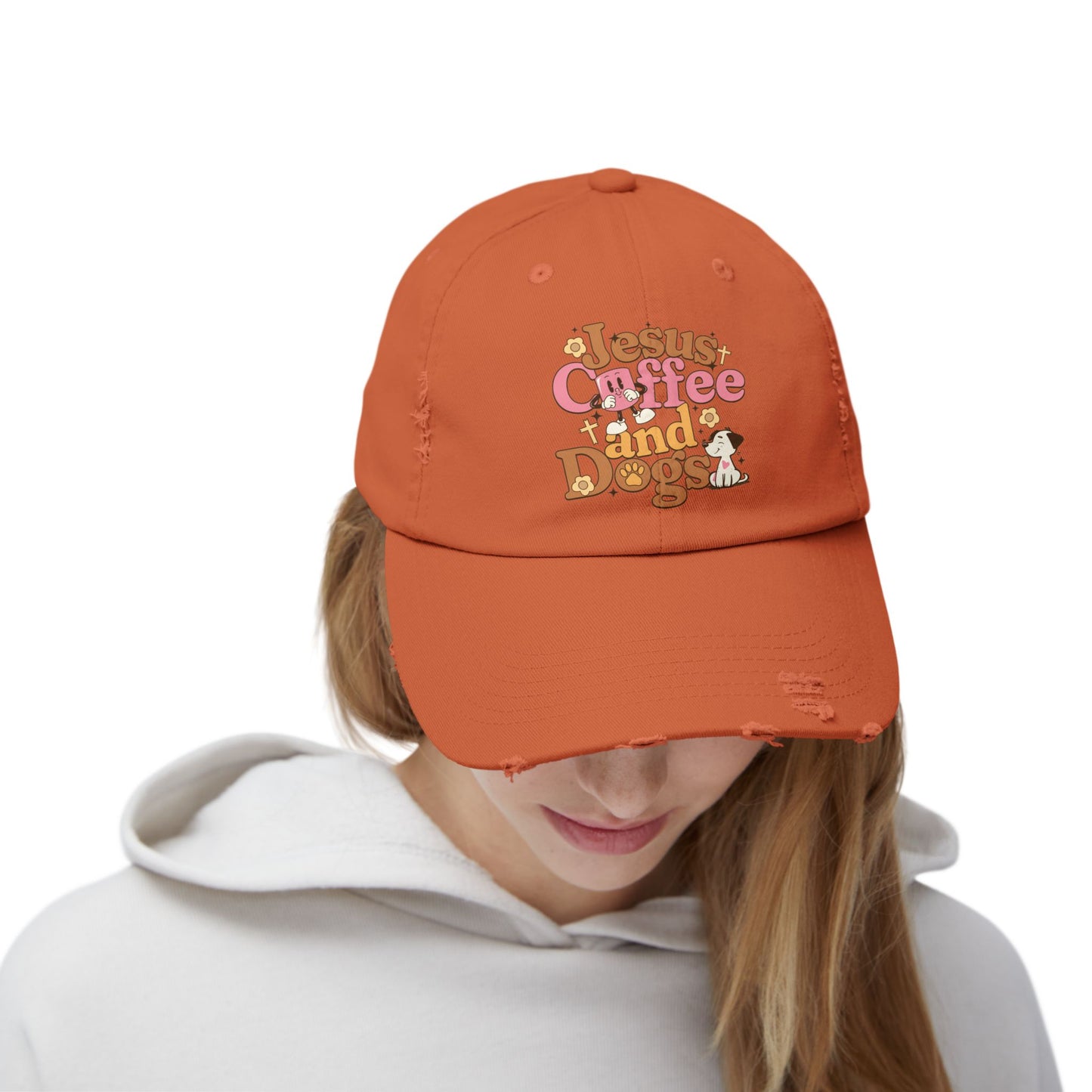 Jesus, Coffee, and Dogs Unisex Distressed Cap | Christian Accesories