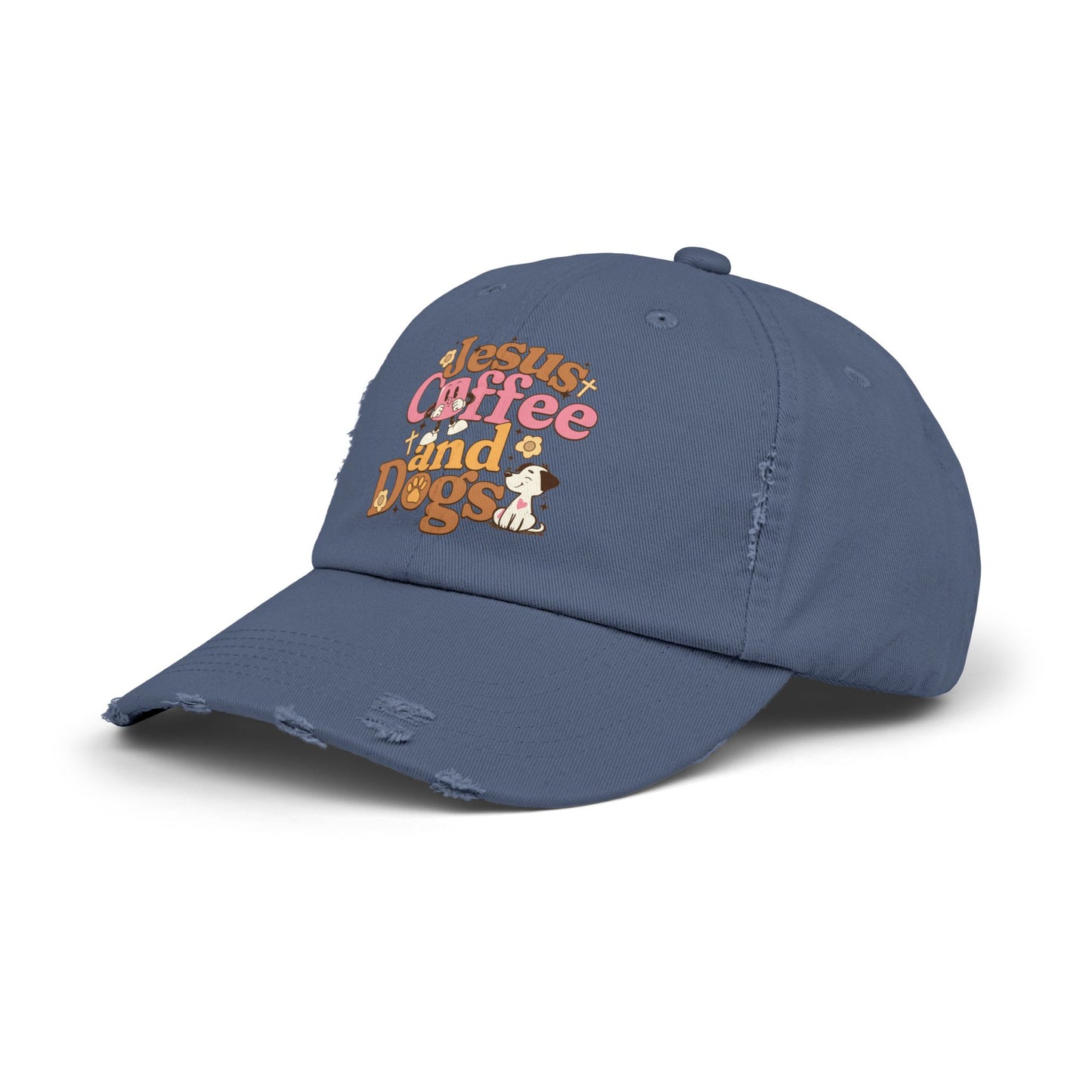 Jesus, Coffee, and Dogs Unisex Distressed Cap | Christian Accesories