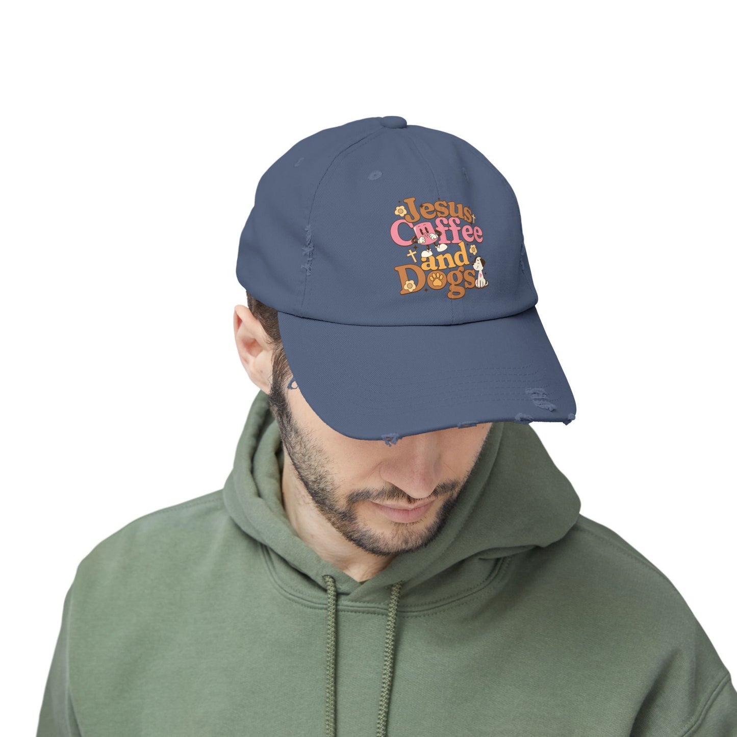Jesus, Coffee, and Dogs Unisex Distressed Cap | Christian Accesories