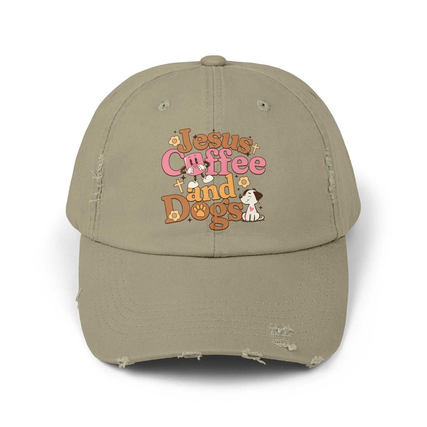 Jesus, Coffee, and Dogs Unisex Distressed Cap | Christian Accesories