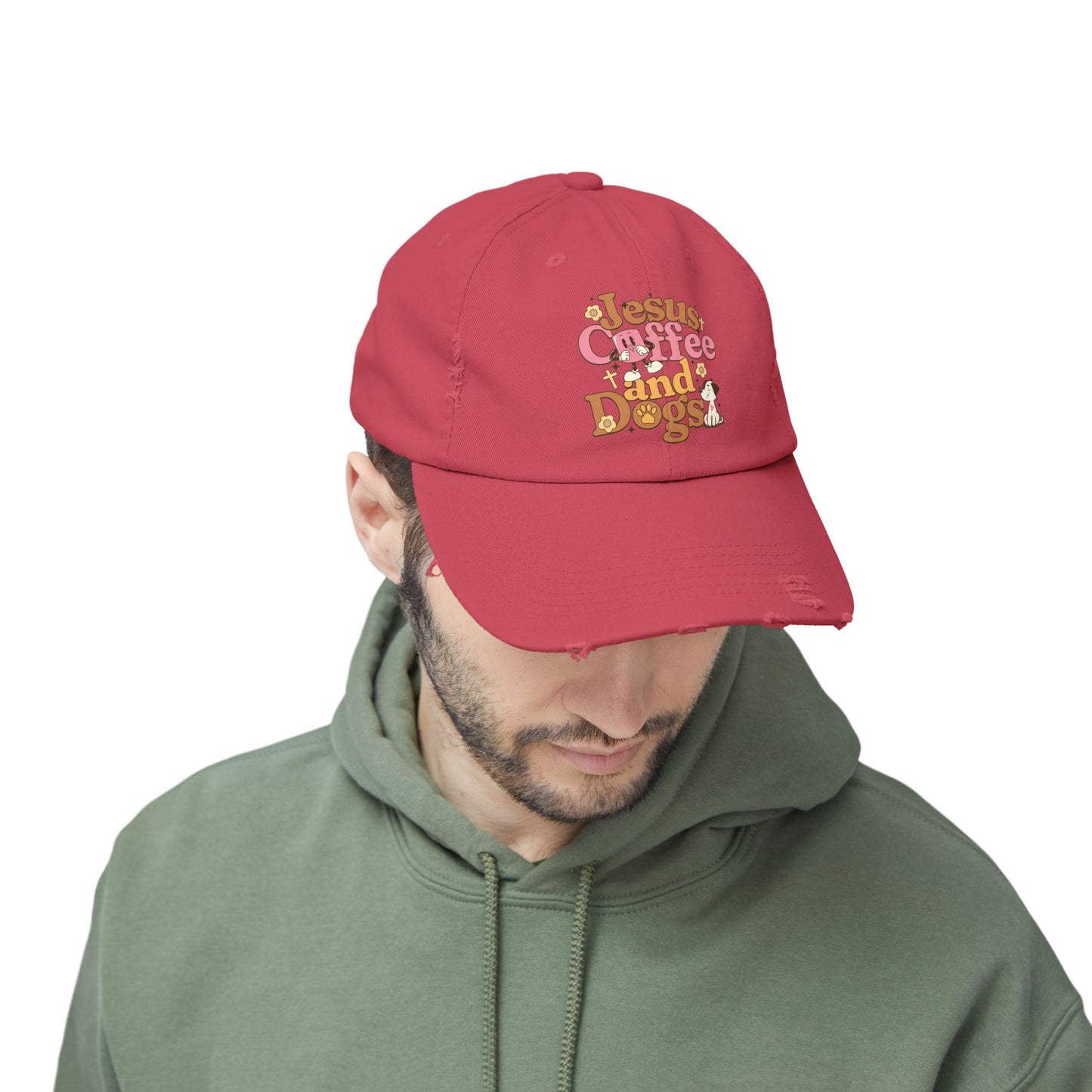 Jesus, Coffee, and Dogs Unisex Distressed Cap | Christian Accesories