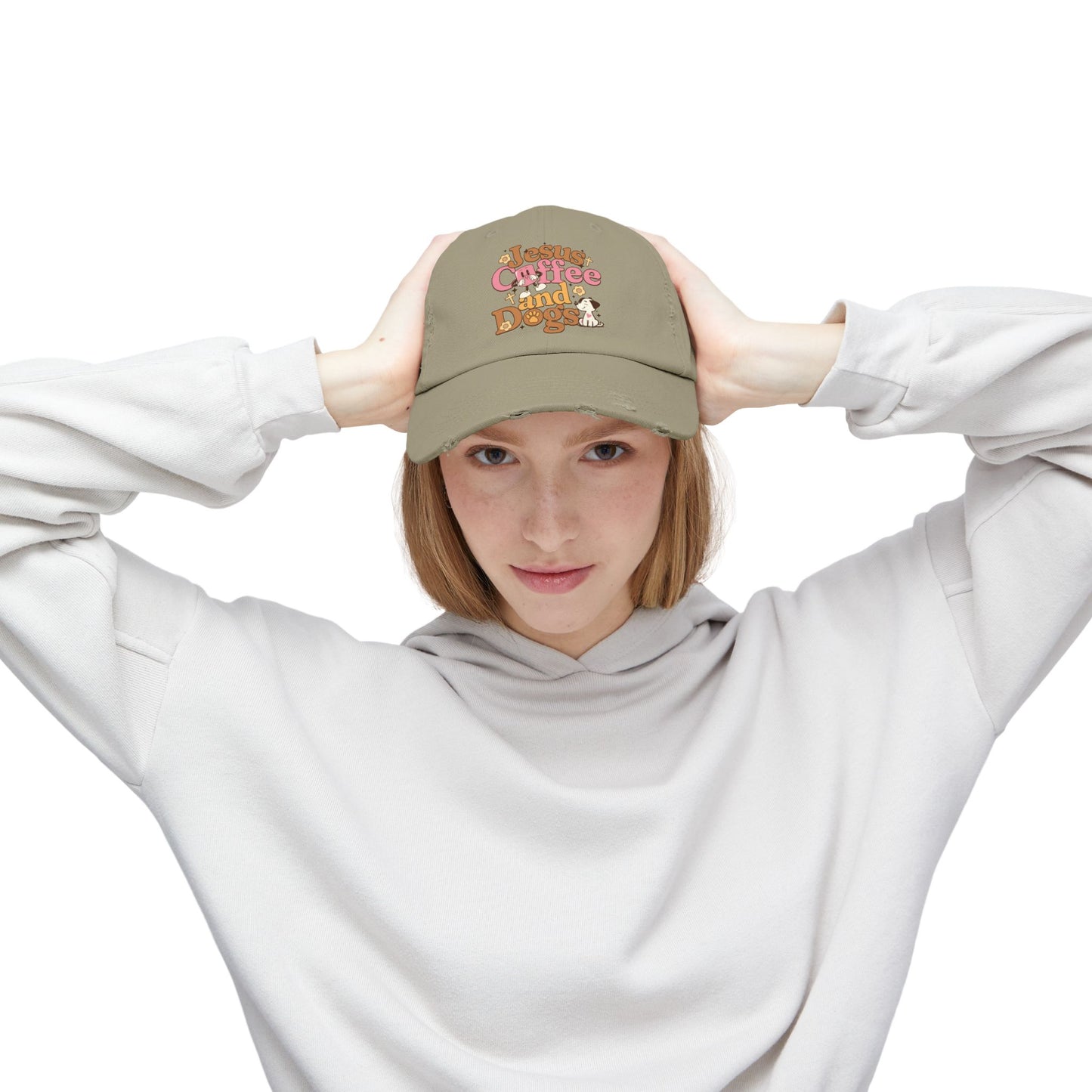 Jesus, Coffee, and Dogs Unisex Distressed Cap | Christian Accesories
