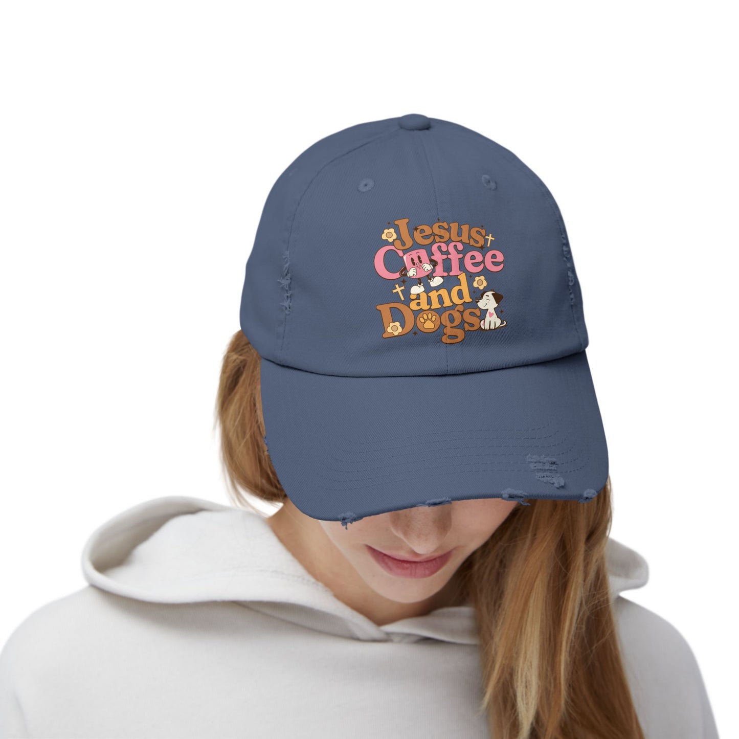 Jesus, Coffee, and Dogs Unisex Distressed Cap | Christian Accesories