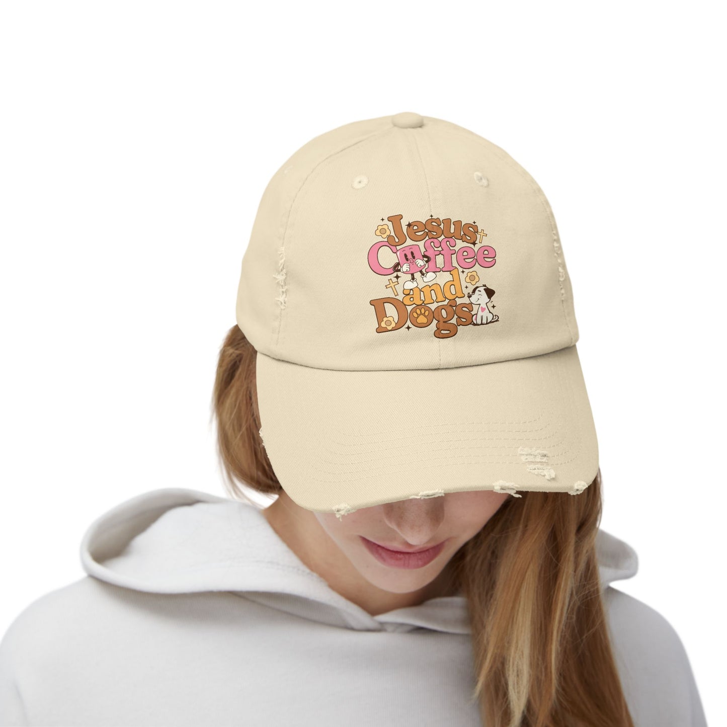 Jesus, Coffee, and Dogs Unisex Distressed Cap | Christian Accesories