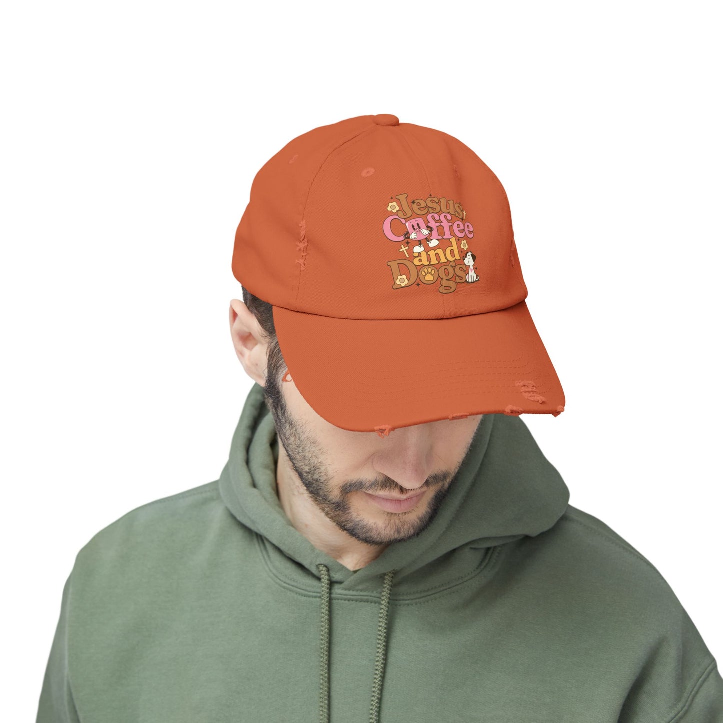 Jesus, Coffee, and Dogs Unisex Distressed Cap | Christian Accesories