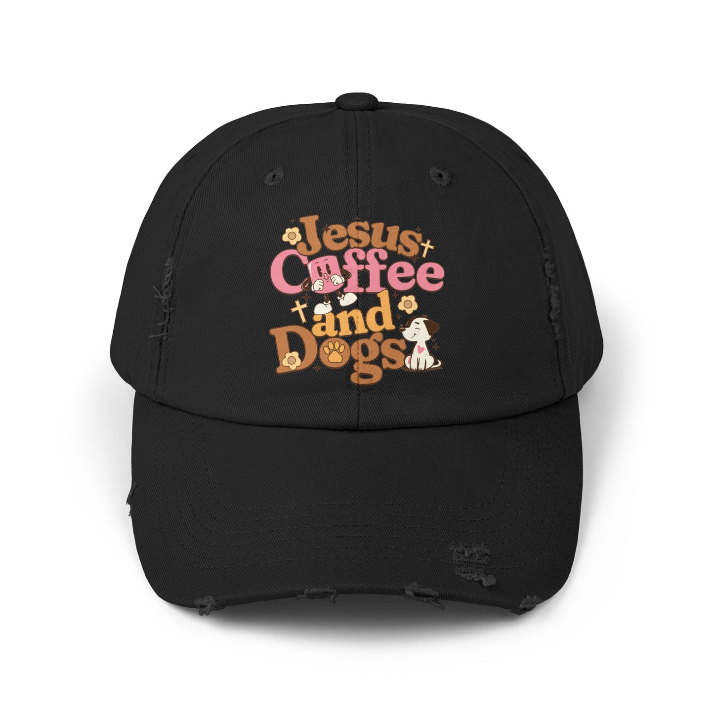 Jesus, Coffee, and Dogs Unisex Distressed Cap | Christian Accesories