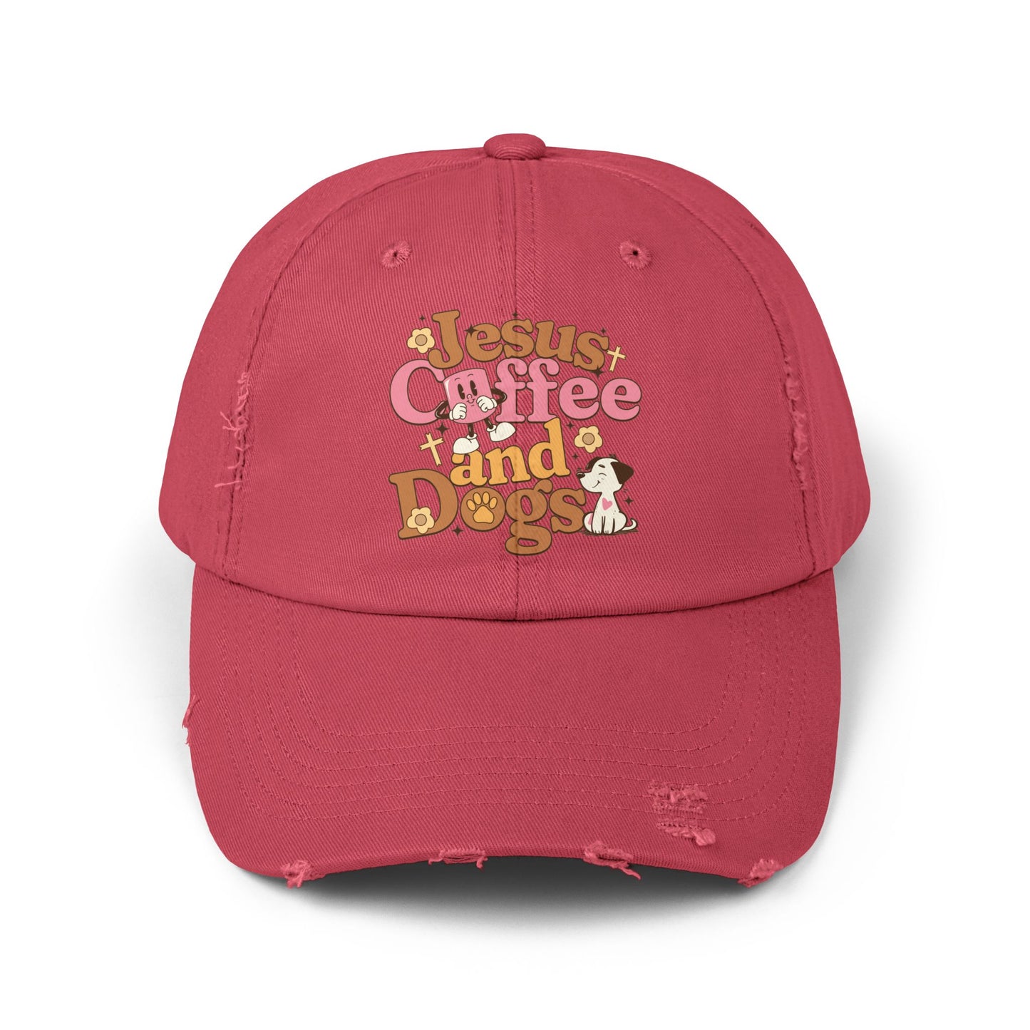 Jesus, Coffee, and Dogs Unisex Distressed Cap | Christian Accesories