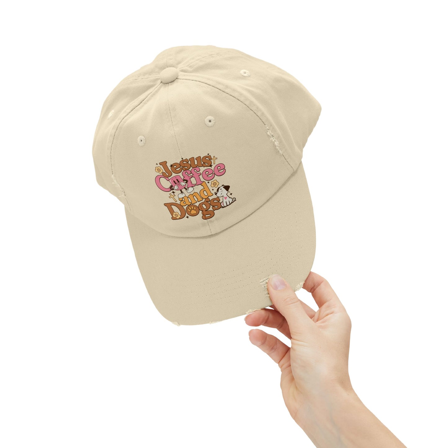 Jesus, Coffee, and Dogs Unisex Distressed Cap | Christian Accesories