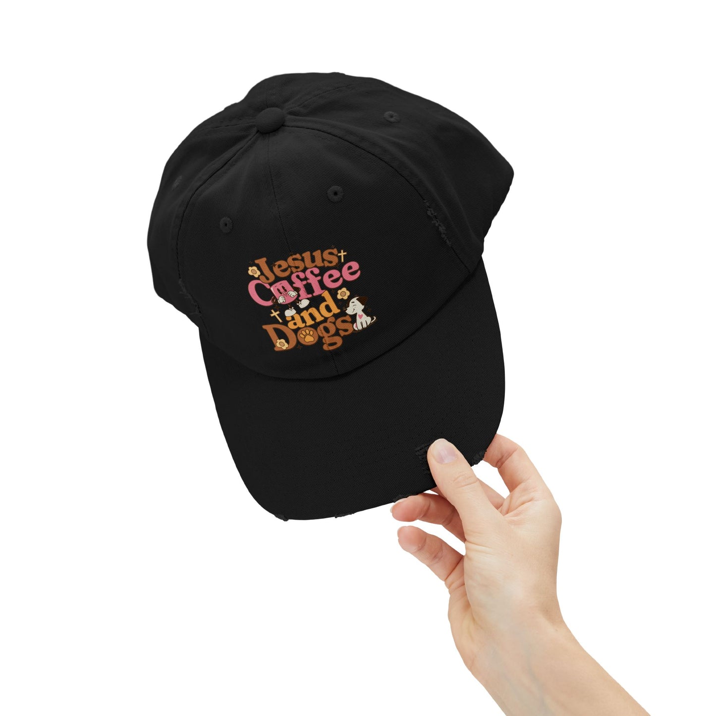 Jesus, Coffee, and Dogs Unisex Distressed Cap | Christian Accesories