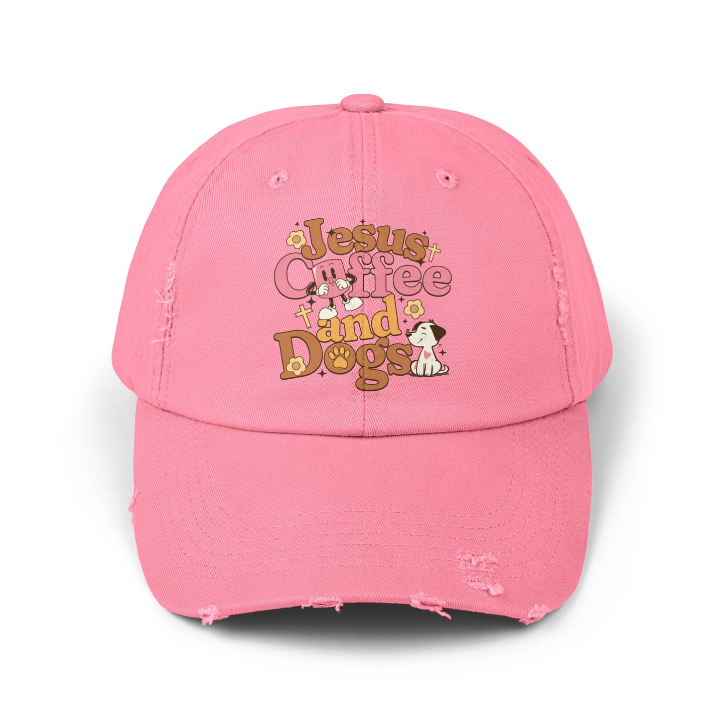 Jesus, Coffee, and Dogs Unisex Distressed Cap | Christian Accesories