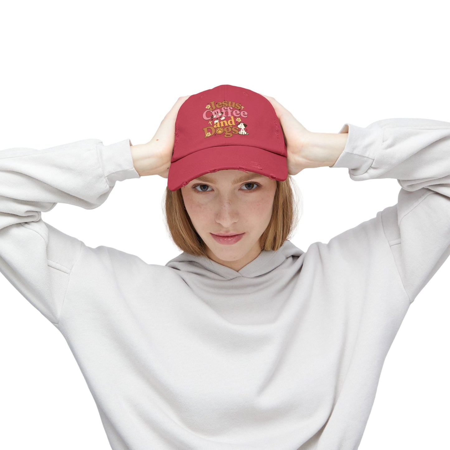 Jesus, Coffee, and Dogs Unisex Distressed Cap | Christian Accesories