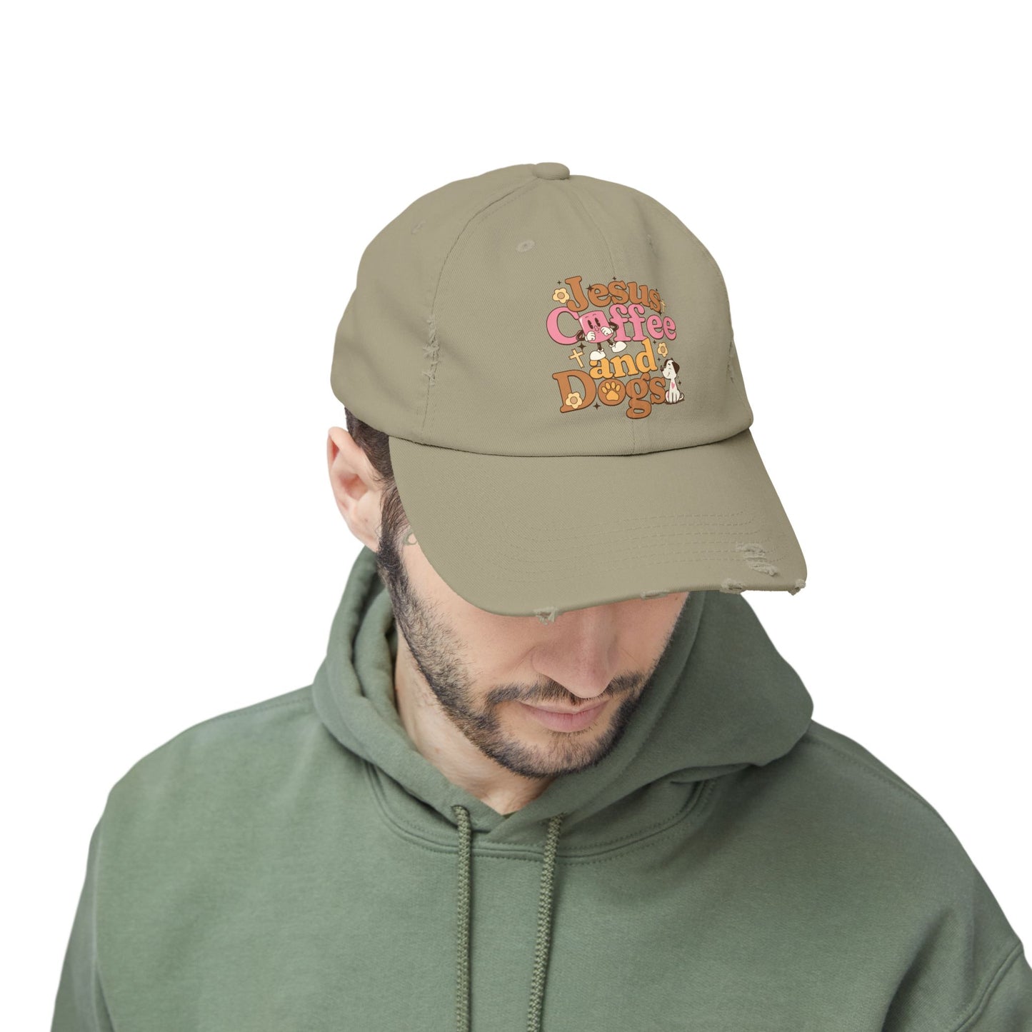 Jesus, Coffee, and Dogs Unisex Distressed Cap | Christian Accesories