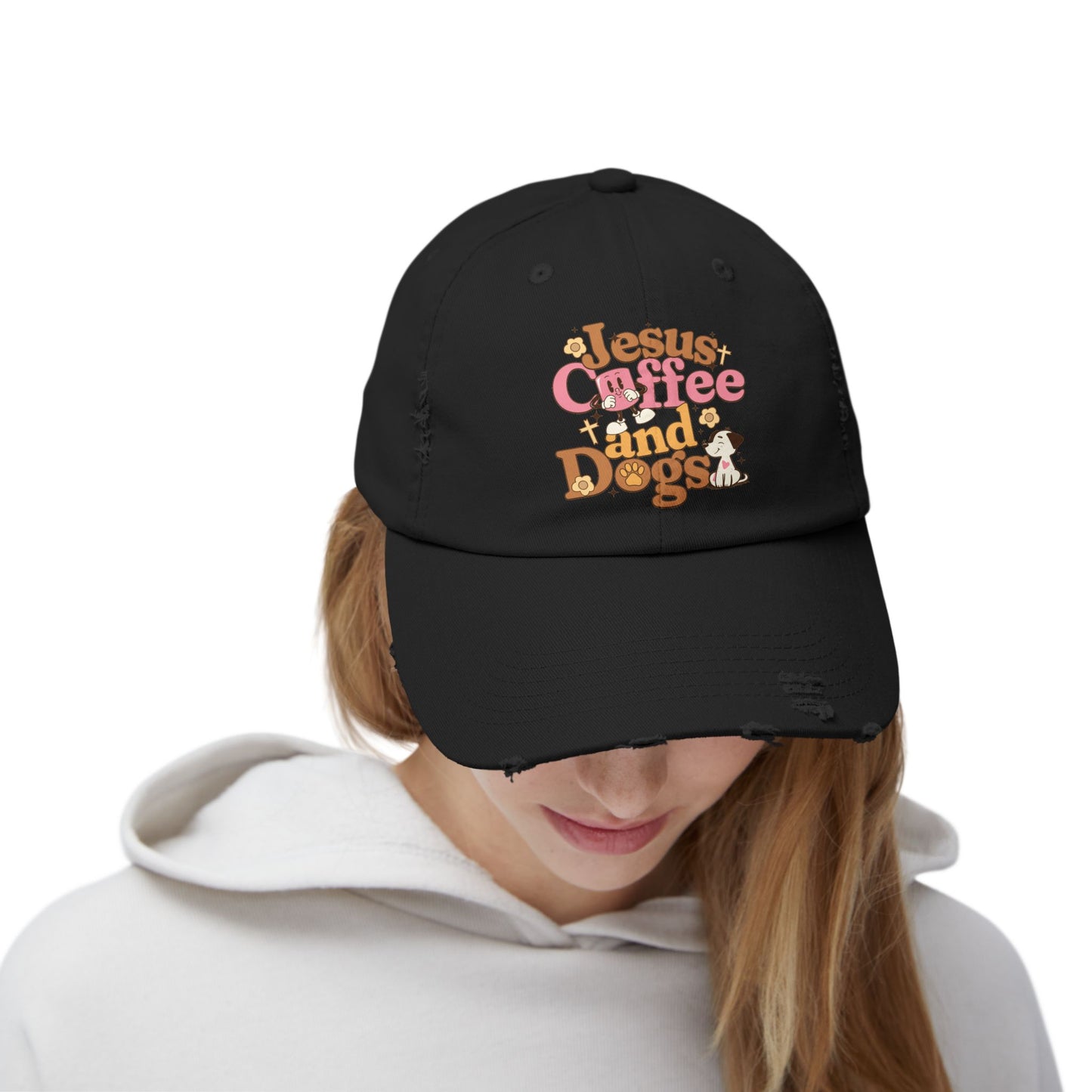 Jesus, Coffee, and Dogs Unisex Distressed Cap | Christian Accesories