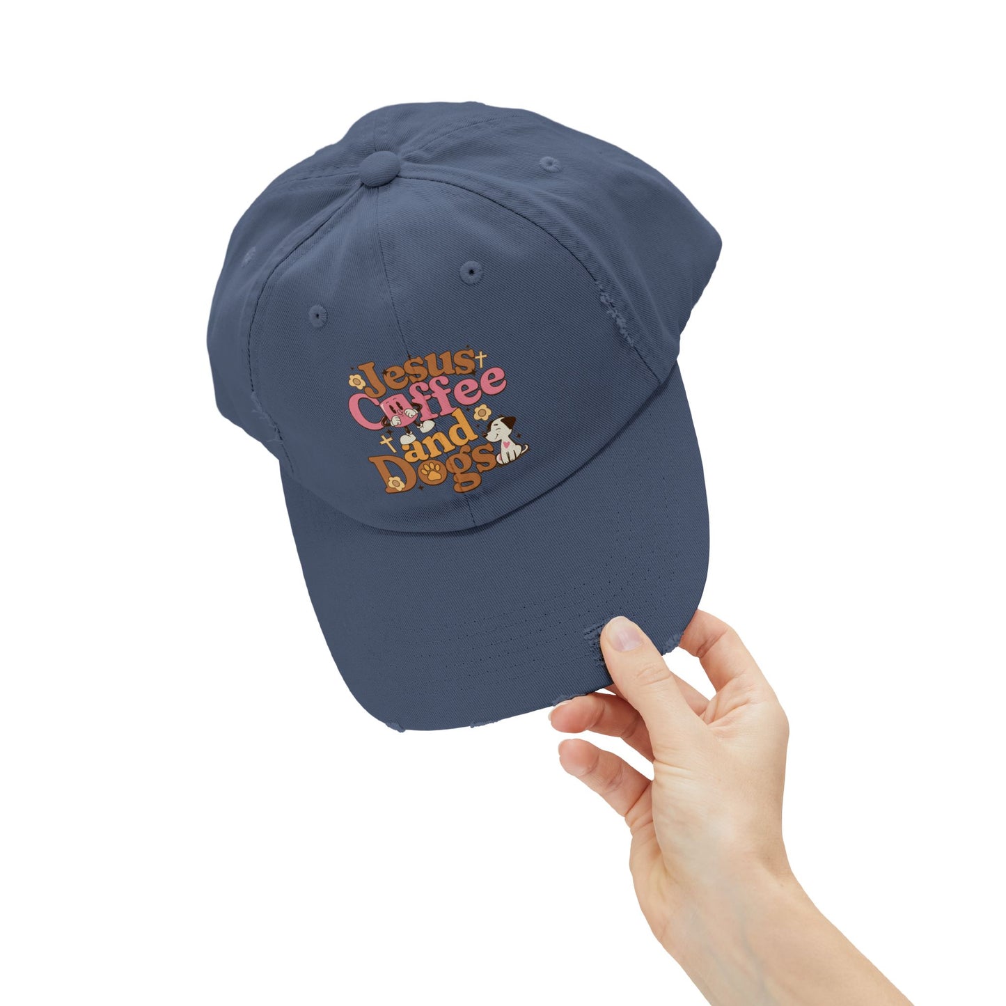 Jesus, Coffee, and Dogs Unisex Distressed Cap | Christian Accesories