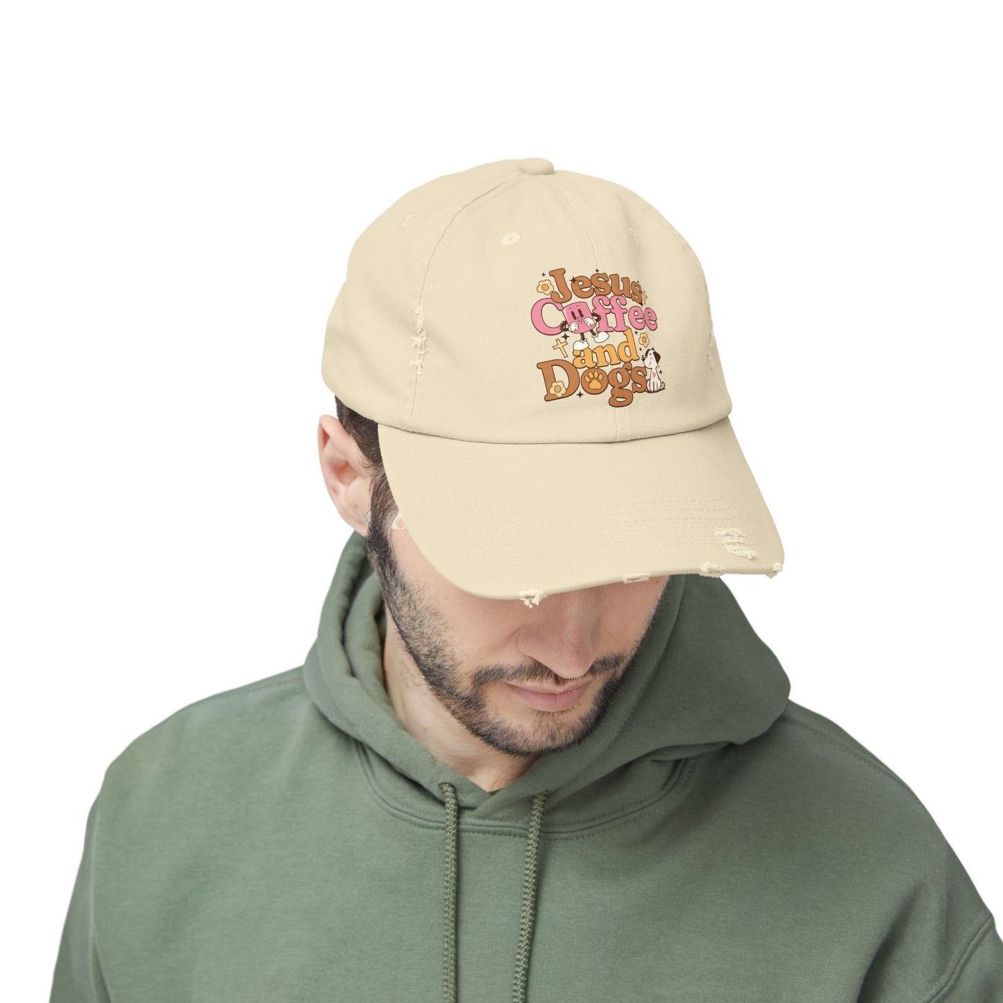 Jesus, Coffee, and Dogs Unisex Distressed Cap | Christian Accesories