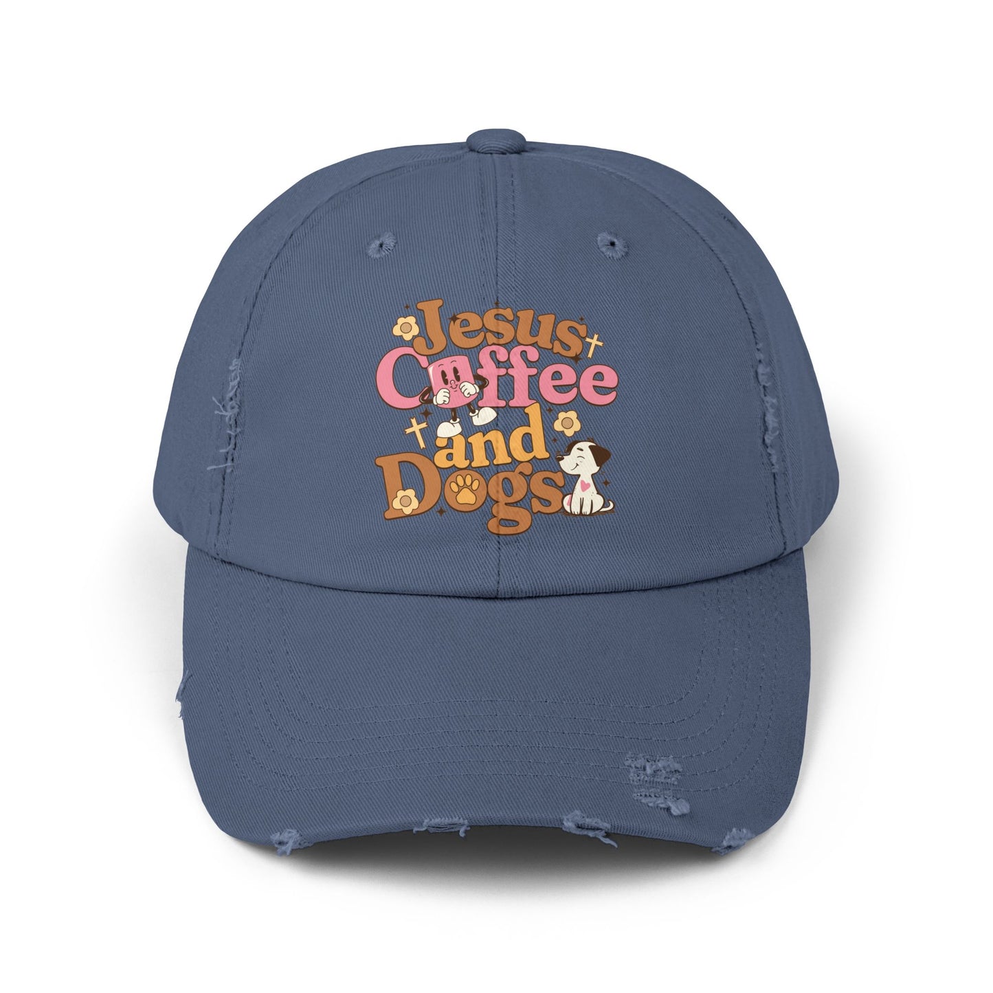 Jesus, Coffee, and Dogs Unisex Distressed Cap | Christian Accesories