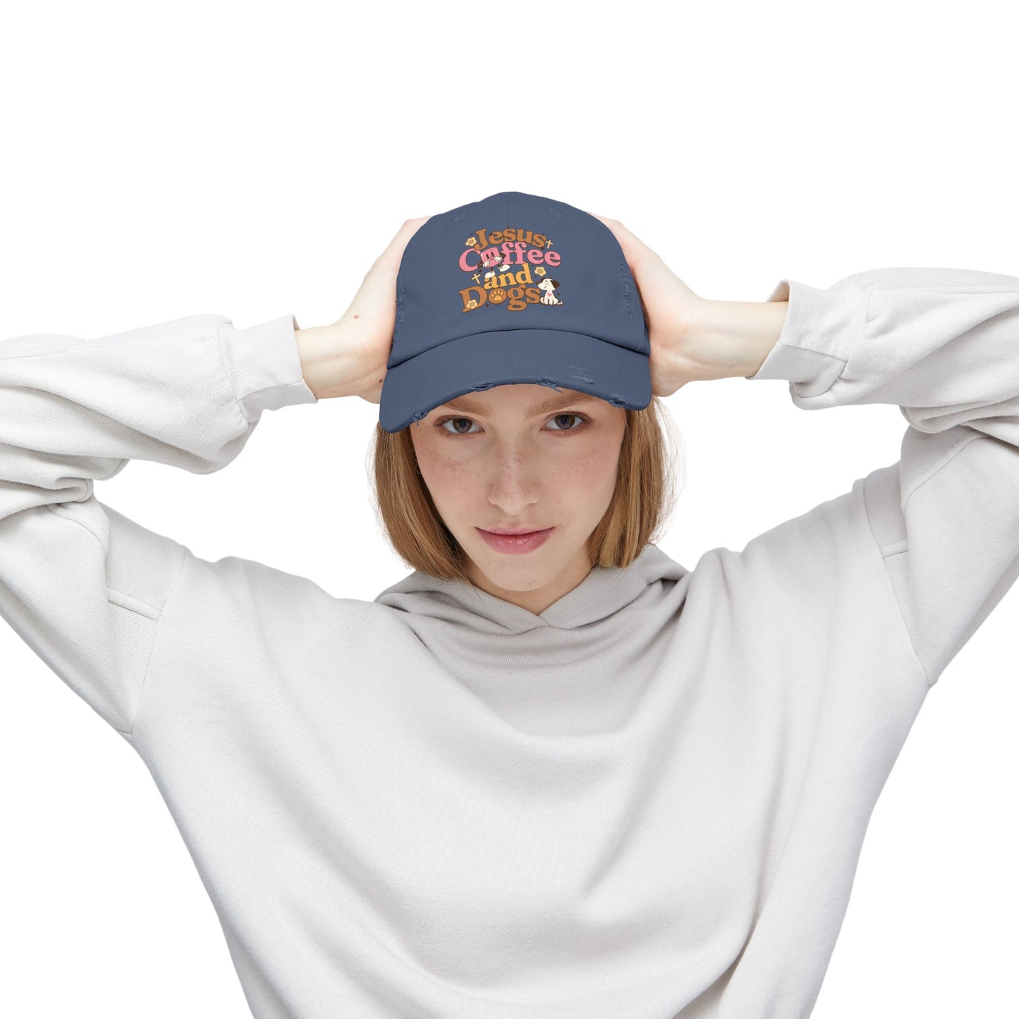 Jesus, Coffee, and Dogs Unisex Distressed Cap | Christian Accesories
