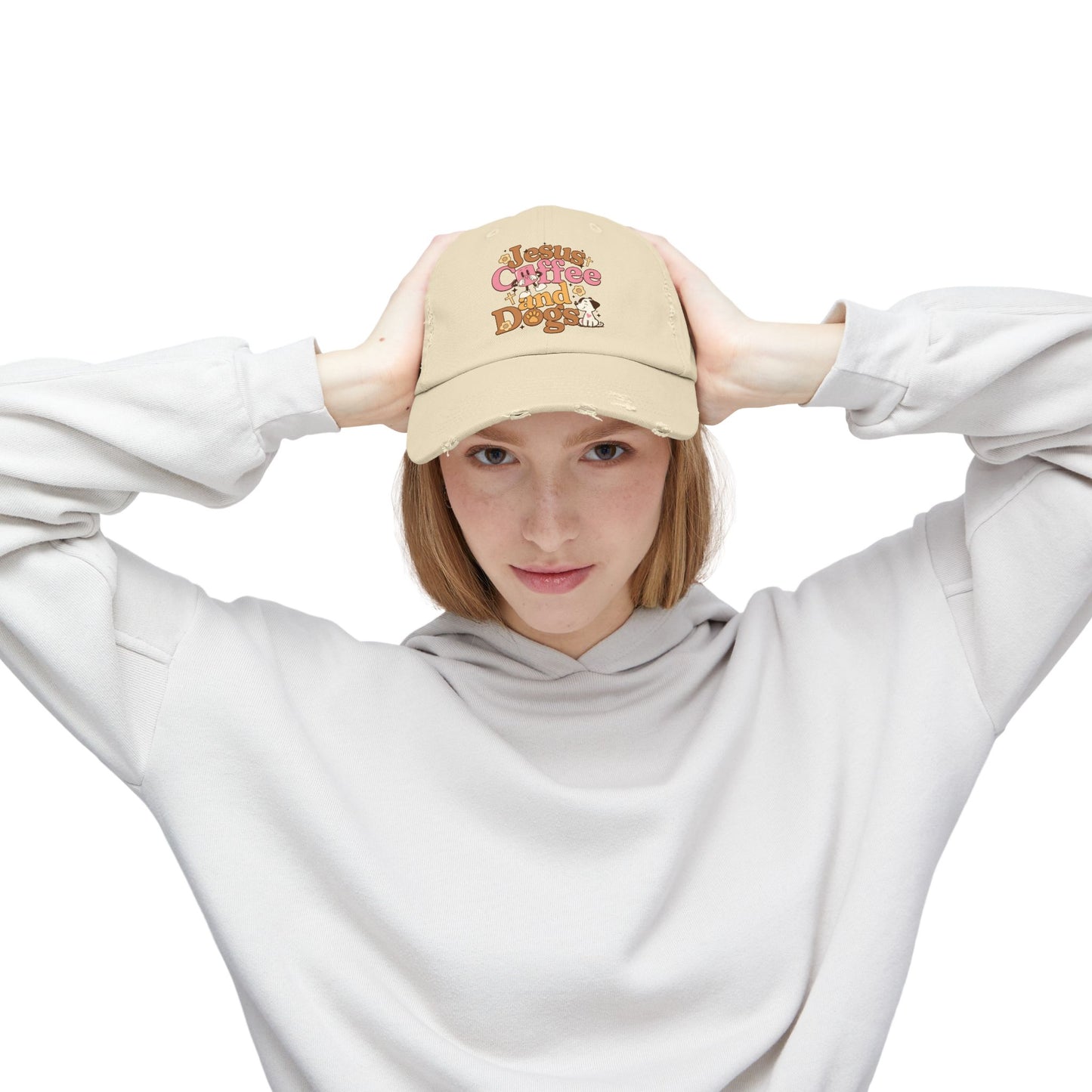 Jesus, Coffee, and Dogs Unisex Distressed Cap | Christian Accesories