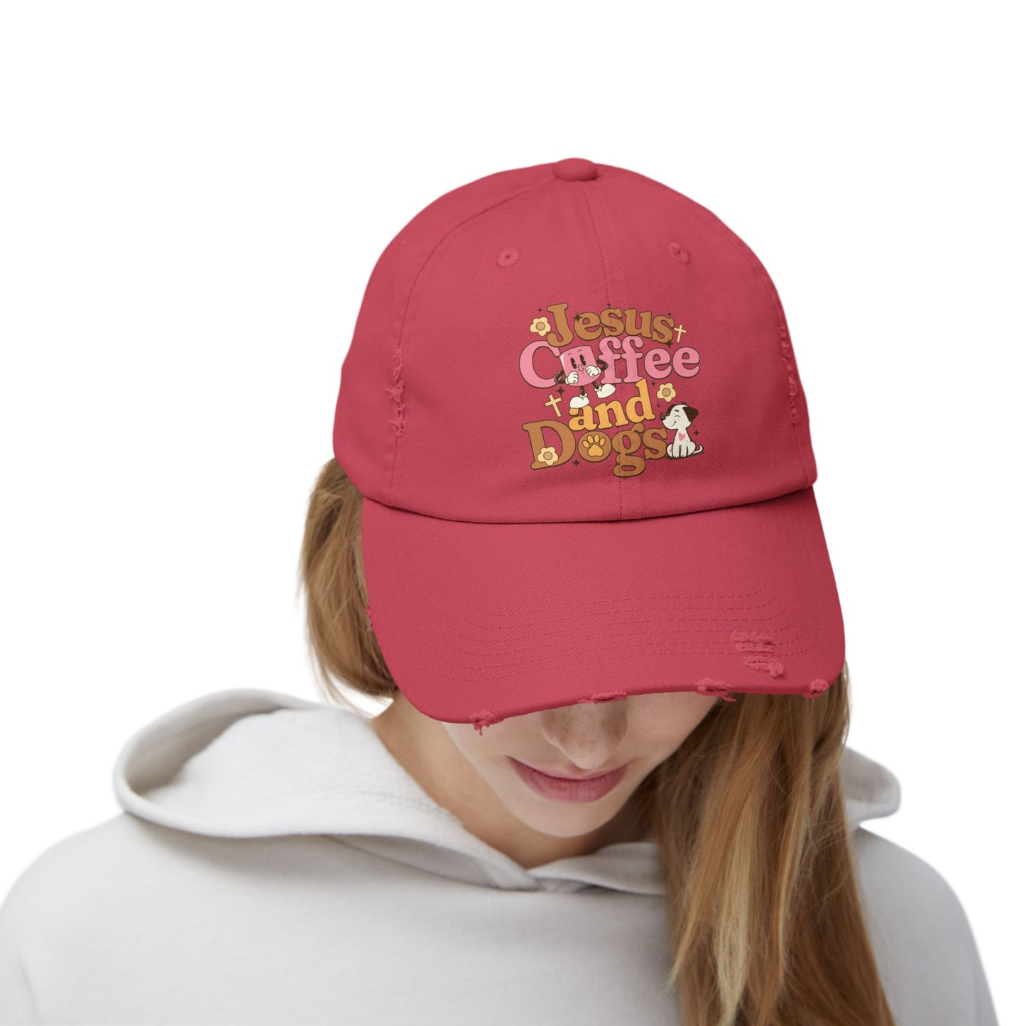 Jesus, Coffee, and Dogs Unisex Distressed Cap | Christian Accesories
