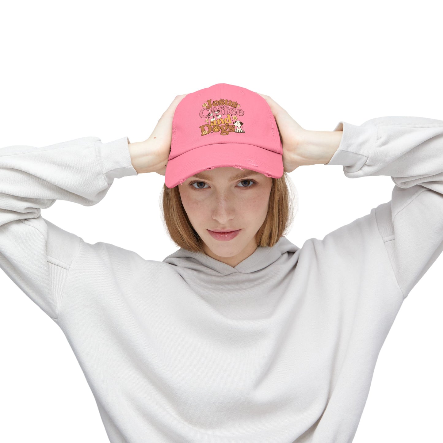 Jesus, Coffee, and Dogs Unisex Distressed Cap | Christian Accesories