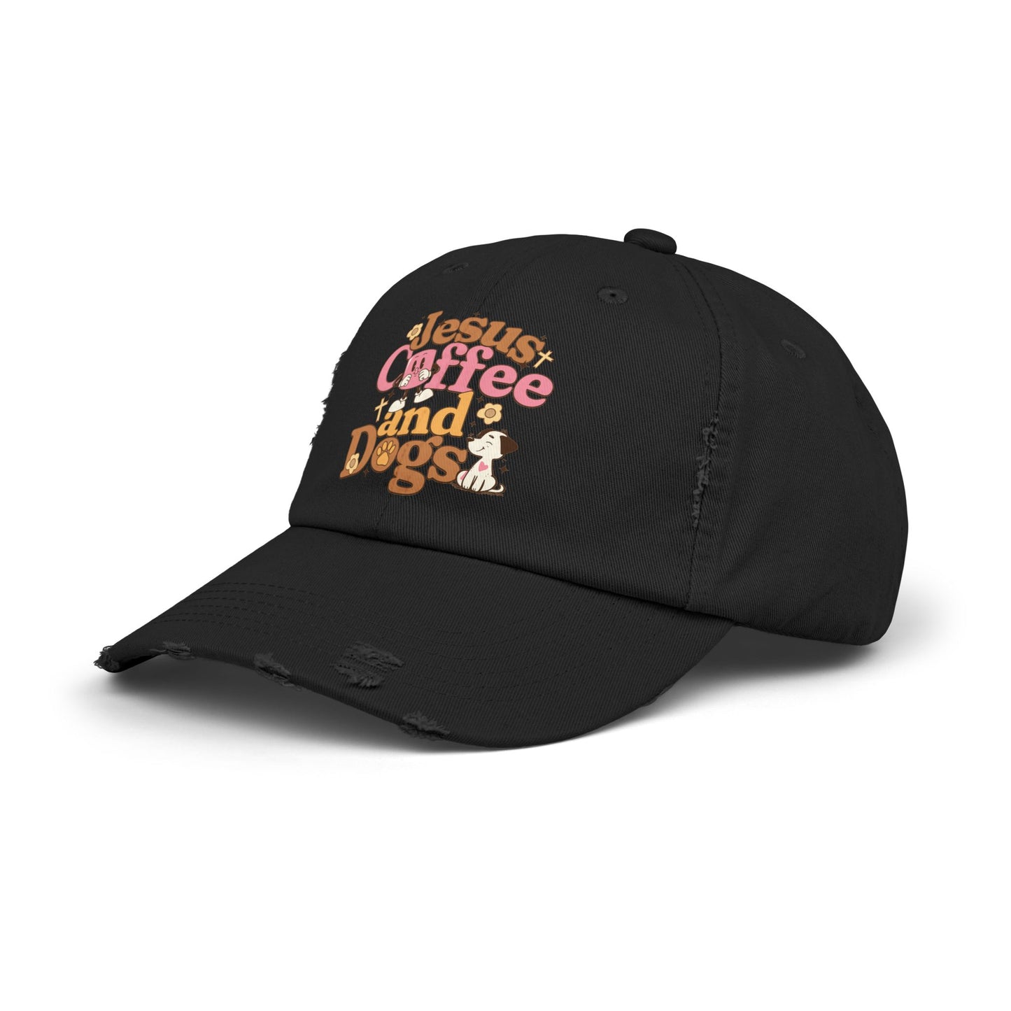 Jesus, Coffee, and Dogs Unisex Distressed Cap | Christian Accesories