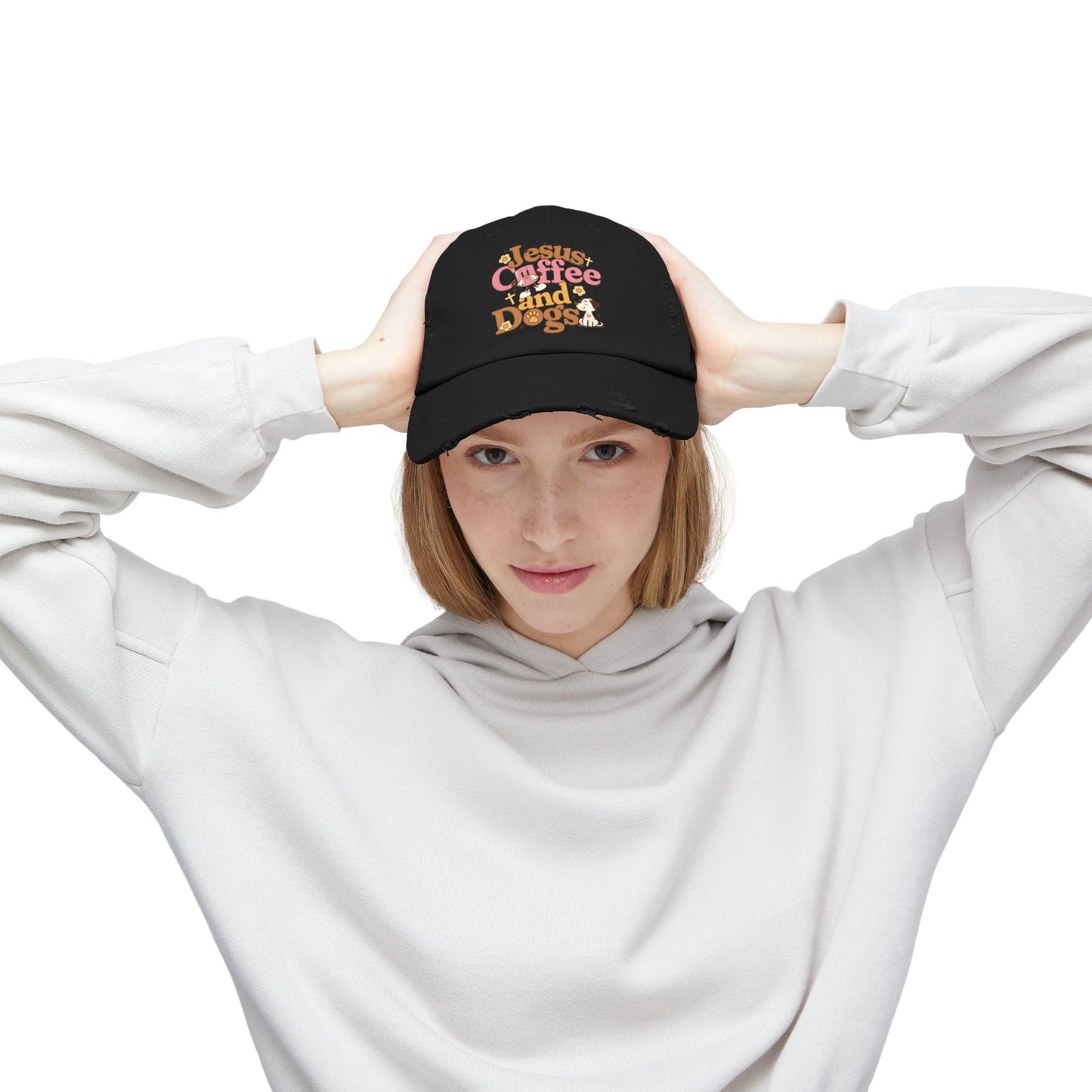 Jesus, Coffee, and Dogs Unisex Distressed Cap | Christian Accesories