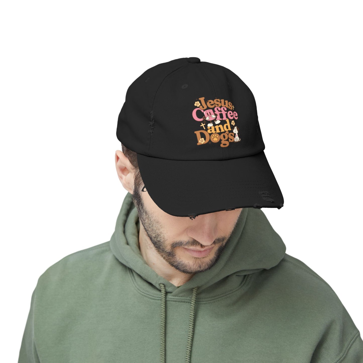 Jesus, Coffee, and Dogs Unisex Distressed Cap | Christian Accesories