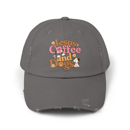 Jesus, Coffee, and Dogs Unisex Distressed Cap | Christian Accesories