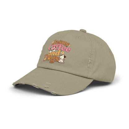 Jesus, Coffee, and Dogs Unisex Distressed Cap | Christian Accesories