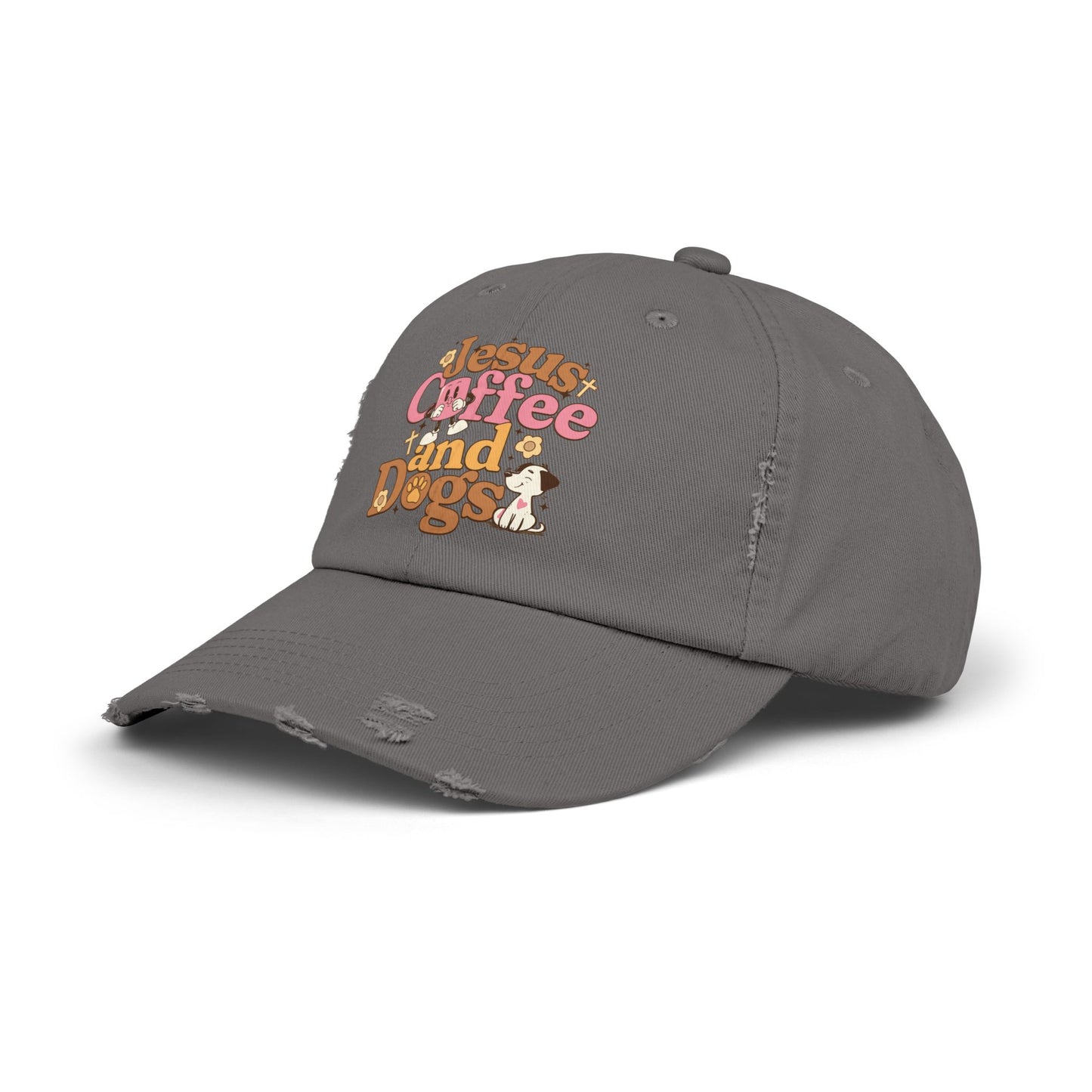 Jesus, Coffee, and Dogs Unisex Distressed Cap | Christian Accesories