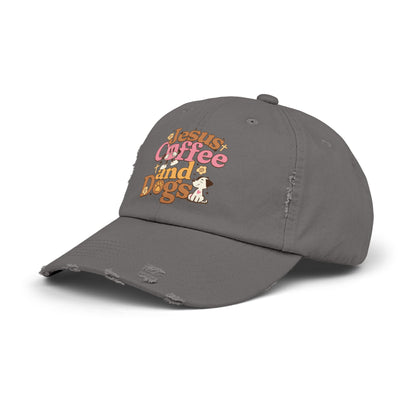 Jesus, Coffee, and Dogs Unisex Distressed Cap | Christian Accesories