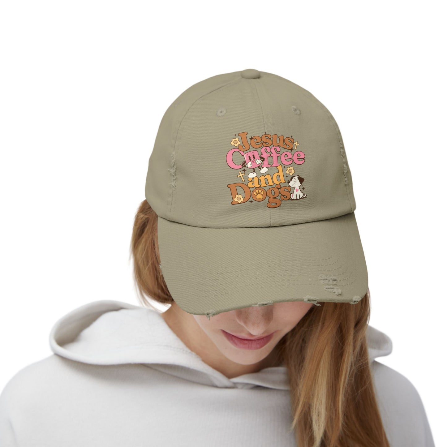 Jesus, Coffee, and Dogs Unisex Distressed Cap | Christian Accesories