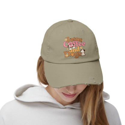 Jesus, Coffee, and Dogs Unisex Distressed Cap | Christian Accesories