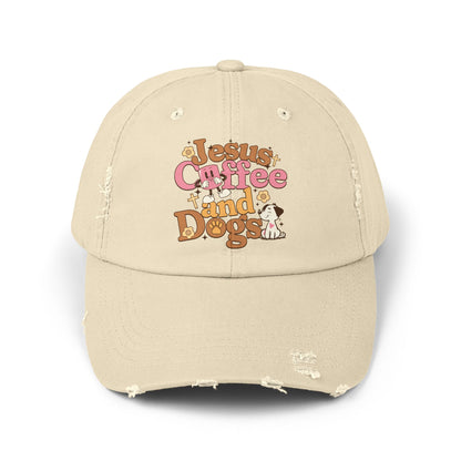 Jesus, Coffee, and Dogs Unisex Distressed Cap | Christian Accesories