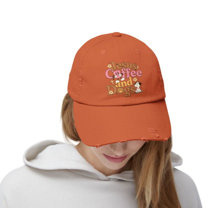 Jesus, Coffee, and Dogs Unisex Distressed Cap | Christian Accesories