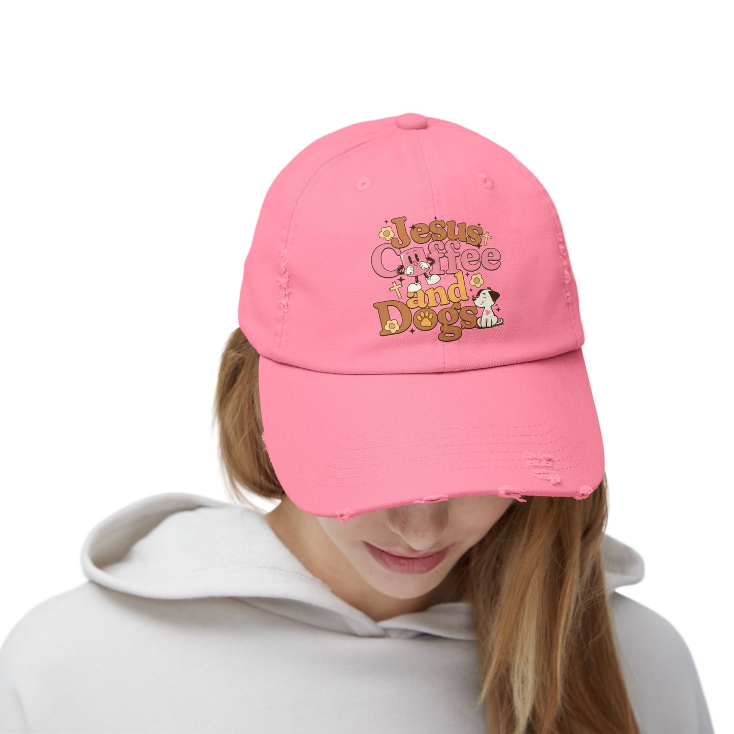 Jesus, Coffee, and Dogs Unisex Distressed Cap | Christian Accesories
