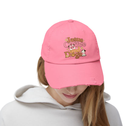 Jesus, Coffee, and Dogs Unisex Distressed Cap | Christian Accesories