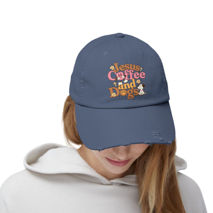 Jesus, Coffee, and Dogs Unisex Distressed Cap | Christian Accesories