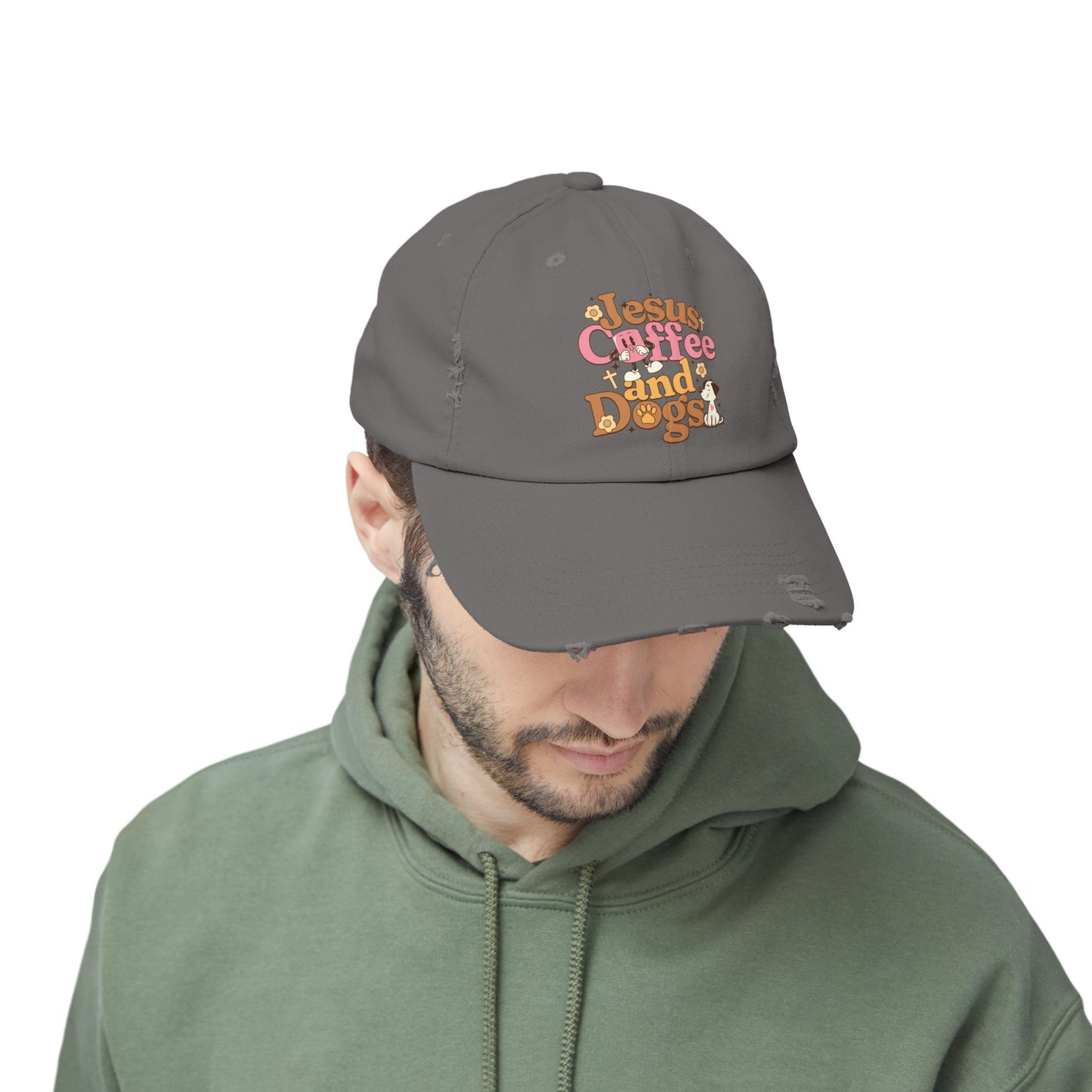 Jesus, Coffee, and Dogs Unisex Distressed Cap | Christian Accesories