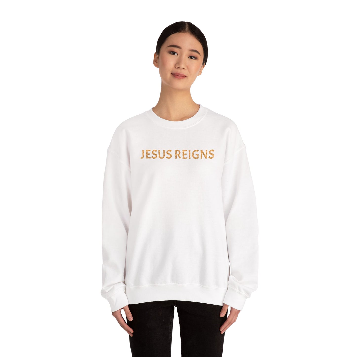 Embroidered Jesus Reigns Unisex Heavy Blend Crewneck Sweatshirt