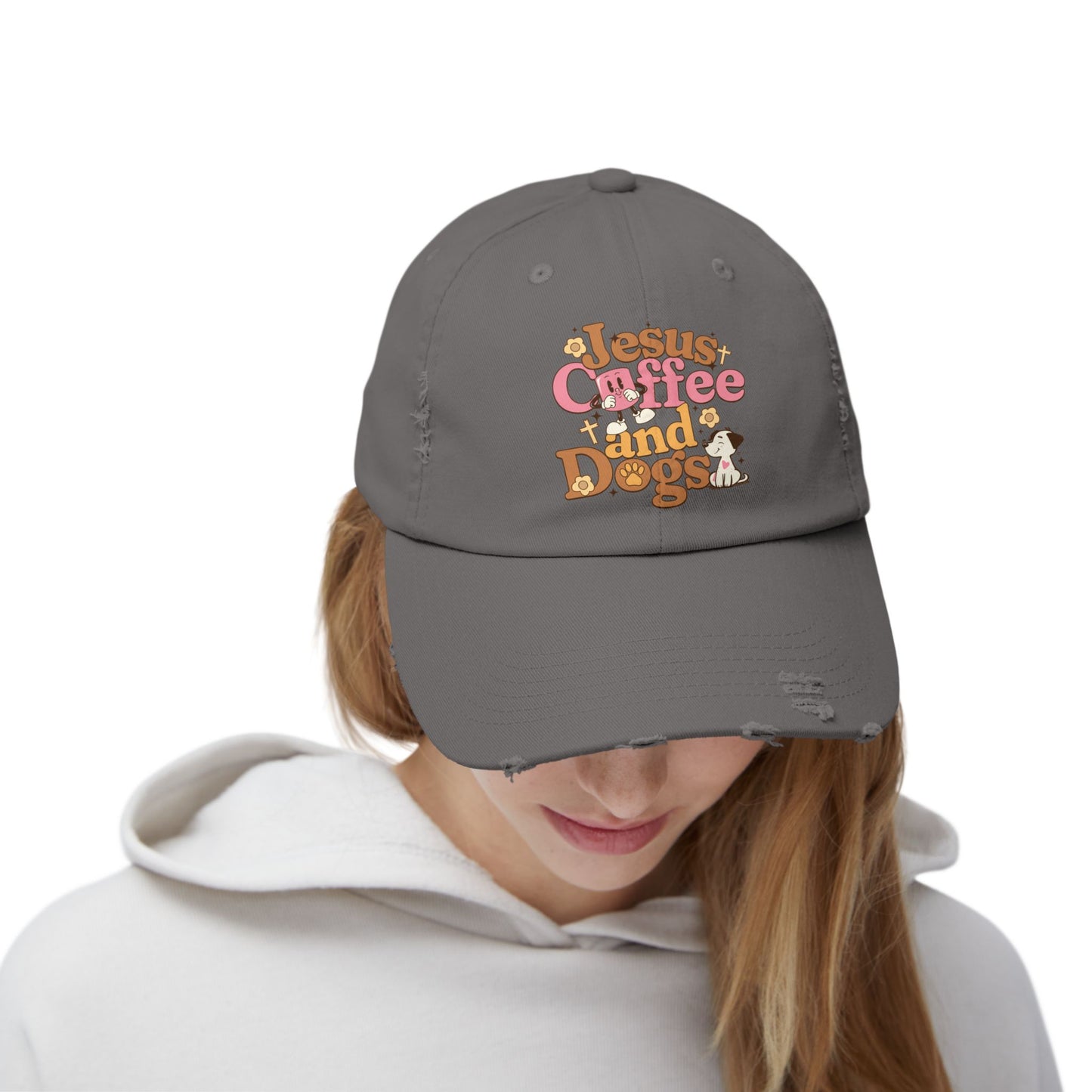 Jesus, Coffee, and Dogs Unisex Distressed Cap | Christian Accesories