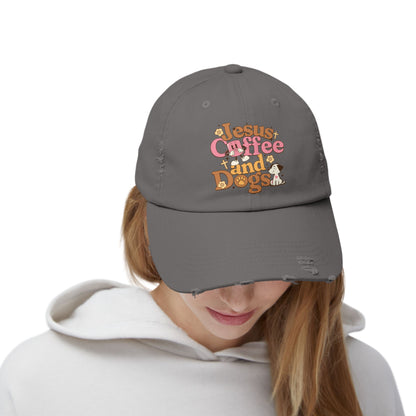 Jesus, Coffee, and Dogs Unisex Distressed Cap | Christian Accesories