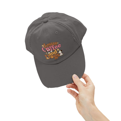 Jesus, Coffee, and Dogs Unisex Distressed Cap | Christian Accesories